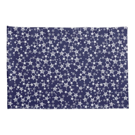 Wit op Midnight Blue | Lino Print Stars Patroon Kussensloop (Achterkant-Rechts)
