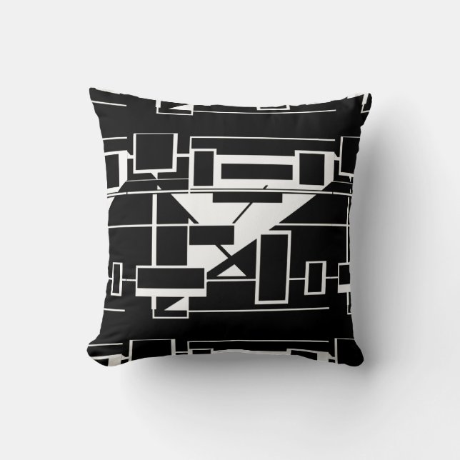 Wit op Navy Black Geometrische Abstract Labyrint Kussen (Voorkant)