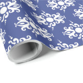 Wit op Navy Blue Damask v2 Cadeaupapier (Rol Hoek)