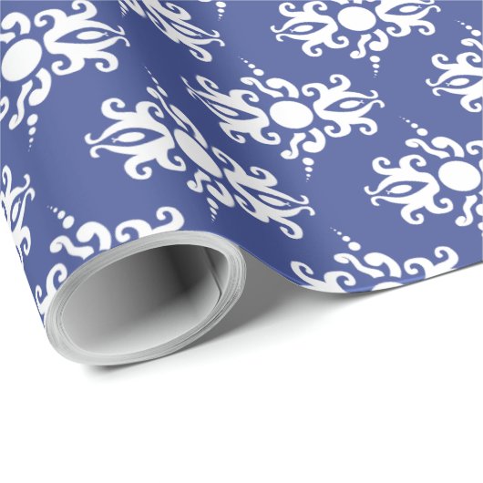 Wit op Navy Blue Damask v2 Cadeaupapier (Rol Hoek)