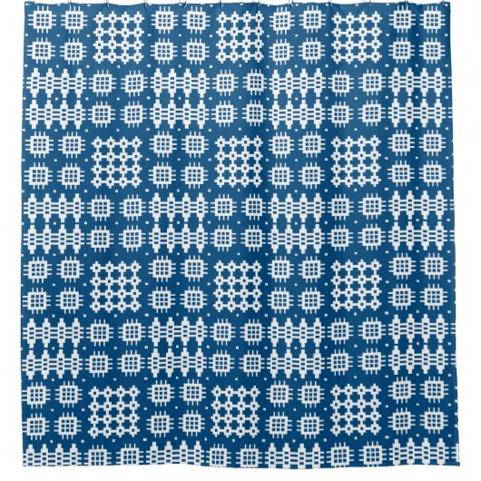 Wit op Navy Blue Welsh Faux Tapestry Pattern Douchegordijn (Voorkant)