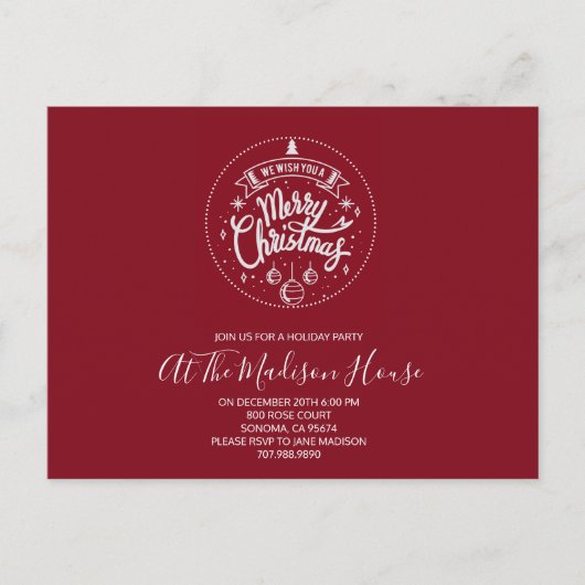 Wit Op Rode Prettig Kerstfeest Uitnodiging Briefkaart (Voorkant)