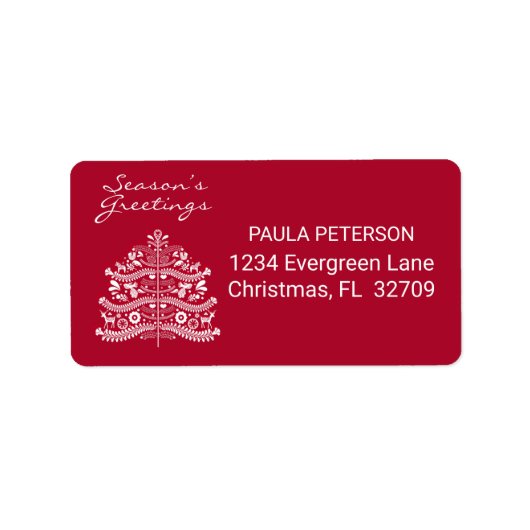 Wit op Rode Scandinavische Nordic Christmas Tree Etiket (Voorkant)