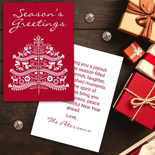 Wit op Rode Scandinavische Nordic Christmas Tree Feestdagenkaart