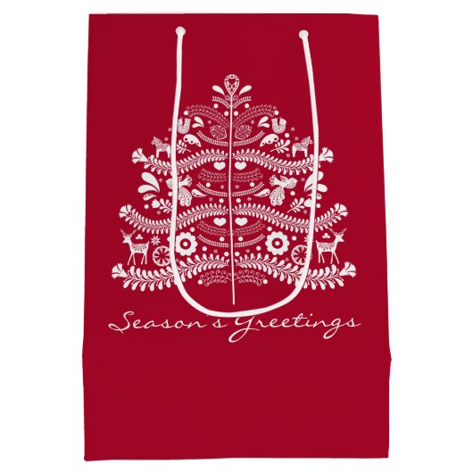 Wit op Rode Scandinavische Nordic Christmas Tree Medium Cadeauzakje (Achterkant)