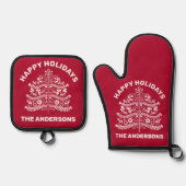 Wit op Rode Scandinavische volkskunst kerstboom Ovenwant & Pannenlap Set (Voorkant)