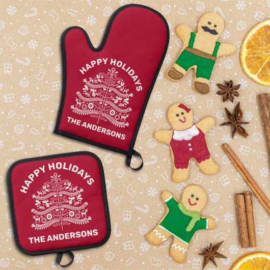 Wit op Rode Scandinavische volkskunst kerstboom Ovenwant & Pannenlap Set