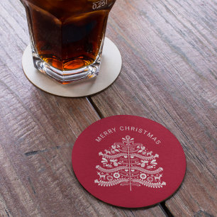 Wit op Rode Scandinavische volkskunst kerstboom Ronde Kartonnen Onderzetter
