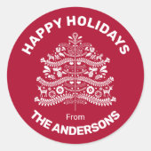 Wit op Rode Scandinavische volkskunst kerstboom Ronde Sticker (Voorkant)