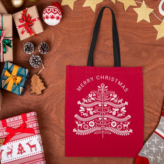 Wit op Rode Scandinavische volkskunst kerstboom Tote Bag
