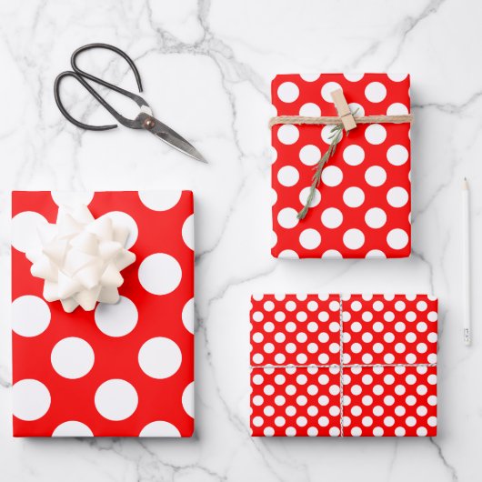 Wit op rood Verschillende Grootte Polka Dots Inpakpapier Vel (Voorkant)