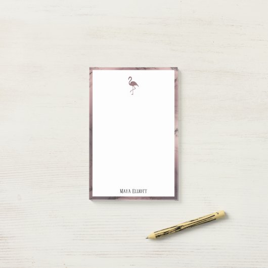Wit op Roos Gold Marble, Flamingo & Border, Naam Post-it® Notes (Op bureau)