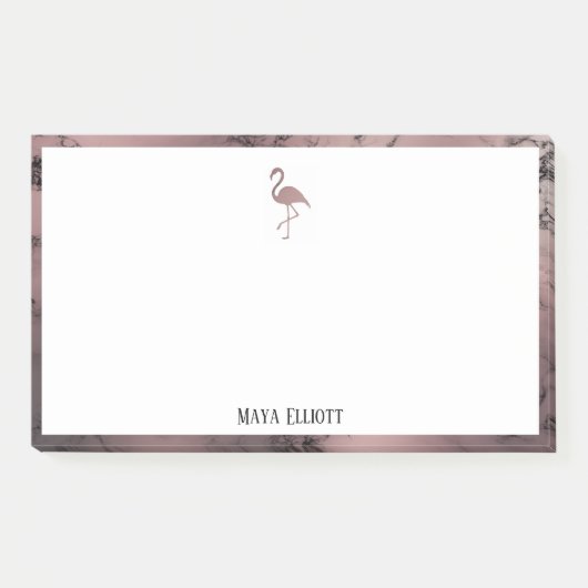 Wit op Roos Gold Marble, Flamingo & Border, Naam Post-it® Notes (Voorkant)