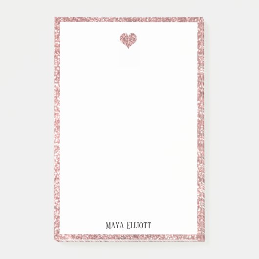 Wit op Roos Gouden Faux Glitter Hart & Rand Post-it® Notes (Voorkant)