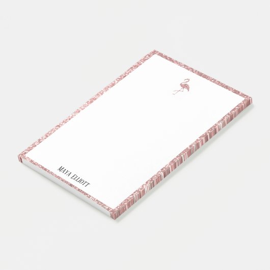Wit op Roos Gouden Glitter Flamingo & Rand, Naam Post-it® Notes (Schuin)