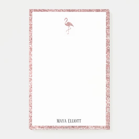 Wit op Roos Gouden Glitter Flamingo & Rand, Naam Post-it® Notes (Voorkant)