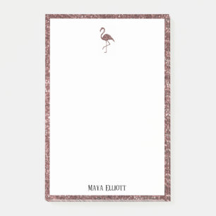 Wit op Roos Gouden Glitter Flamingo & Rand, Naam Post-it® Notes