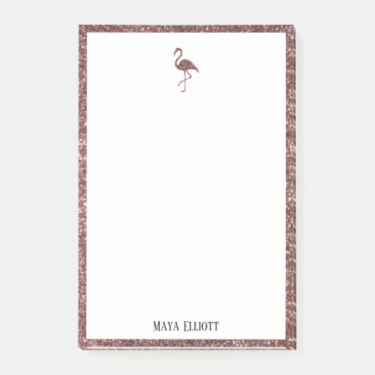 Wit op Roos Gouden Glitter Flamingo & Rand, Naam Post-it® Notes (Voorkant)