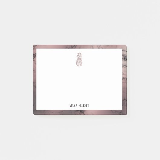 Wit op roze gouden marmeren ananas & rand, naam post-it® notes (Voorkant)