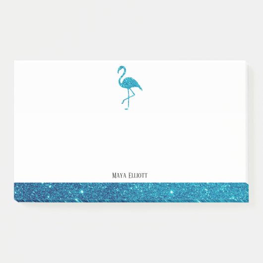 Wit op Teal Nep Glitter Flamingo & Rand, Naam Post-it® Notes (Voorkant)