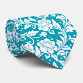 Wit op Turquoise Vintage Bloemendamask Patroon Stropdas (Opgerold)