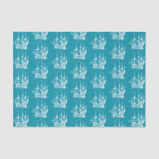 Wit op turquoise wind zeilboot patroon tissuepapier (Voorkant)