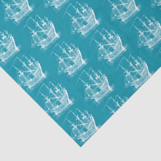 Wit op turquoise wind zeilboot patroon tissuepapier (Detail)