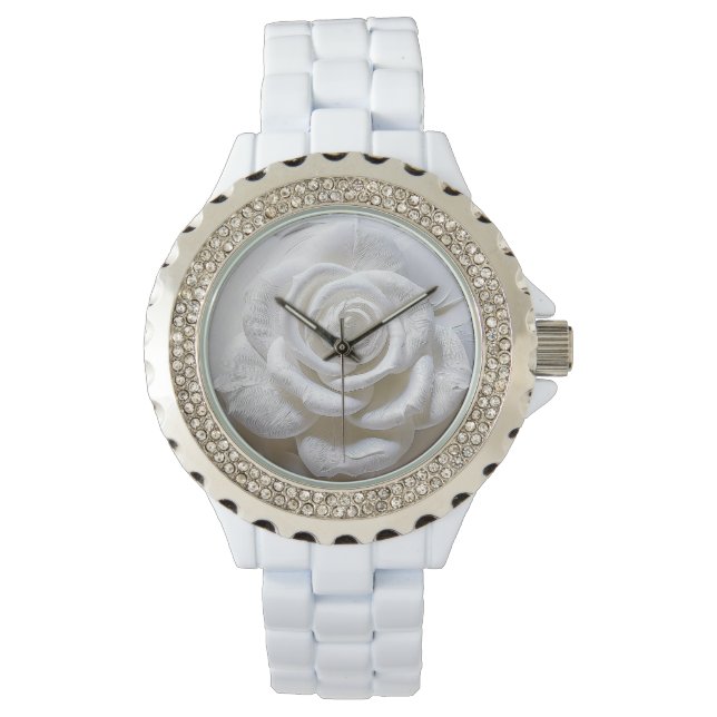 Wit op wit - gebeeldhouwd Roos Horloge (Voorkant)