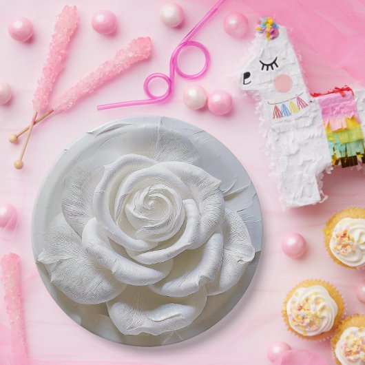 Wit op wit - gebeeldhouwd Roos Papieren Bordje (Feest)