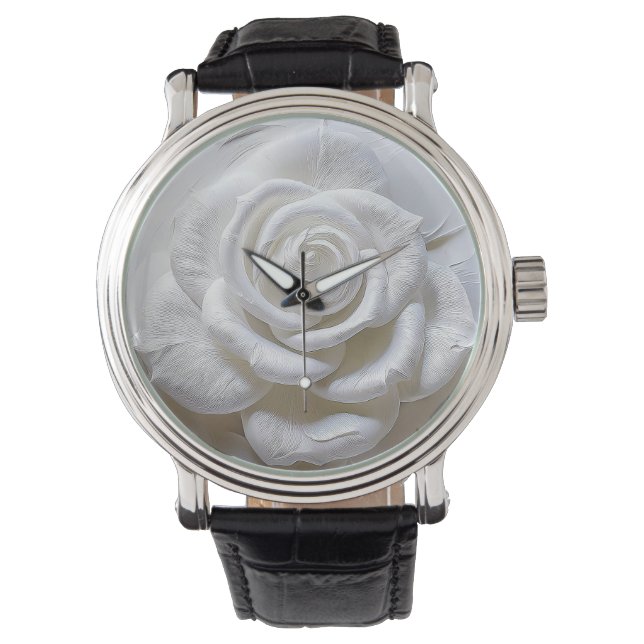 Wit Op Wit - Gebeeldhouwde Roos Horloge (Voorkant)