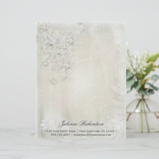  Wit op Witte Bloemen Grunge Letterkop Persoonlijk Briefhoofd (Staand voorkant)