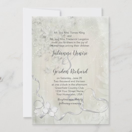  wit op witte bloemenvlinder bruiloft kaart (Voorkant)