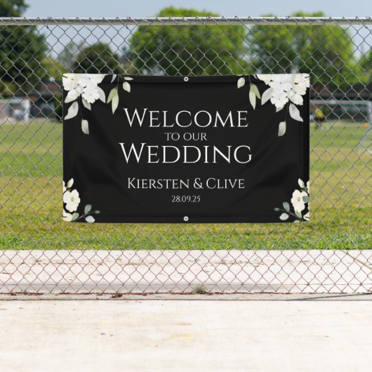 Wit op zwart Bloemen Welkom op onze bruiloft lette Spandoek (Insitu)