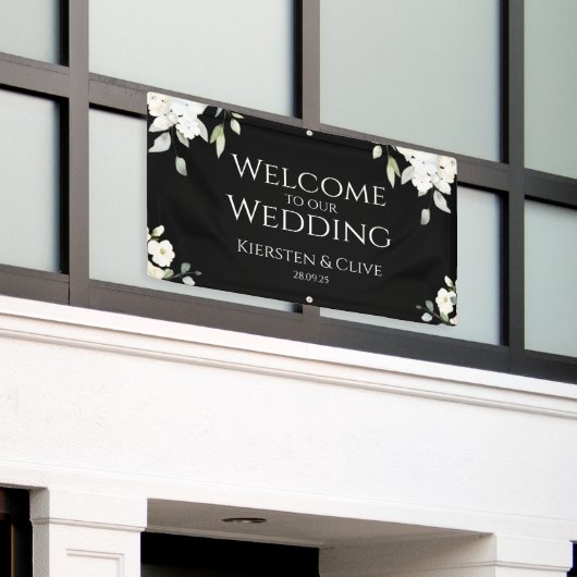 Wit op zwart Bloemen Welkom op onze bruiloft lette Spandoek (Buitenkant Gebouw)