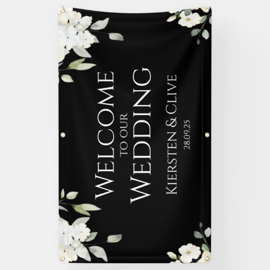 Wit op zwart Bloemen Welkom op onze bruiloft lette Spandoek (Verticaal)