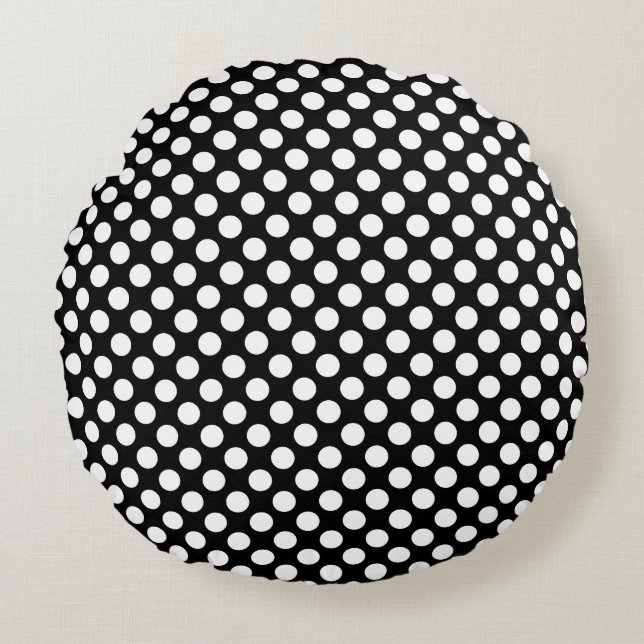 Wit op zwart MediumSize Polka Dots Rond Kussen (Voorkant)
