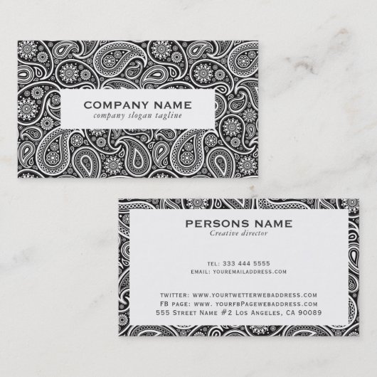 Wit op zwart  paisley patroon visitekaartje (Voorkant / Achterkant)