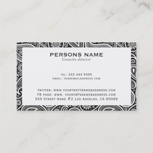 Wit op zwart  paisley patroon visitekaartje (Achterkant)
