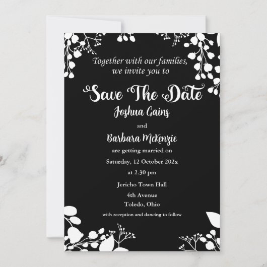 Wit op zwart Save The Date Invitation Kaart (Voorkant)