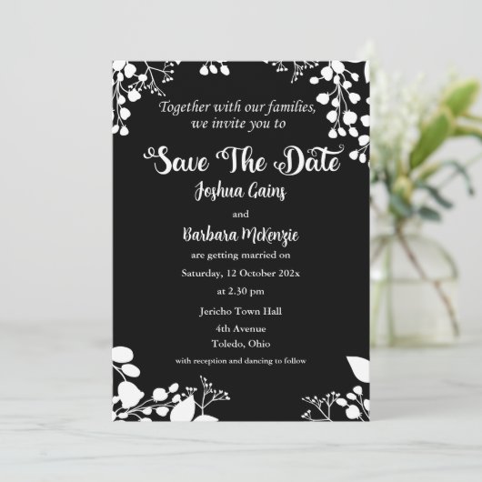 Wit op zwart Save The Date Invitation Kaart (Staand voorkant)