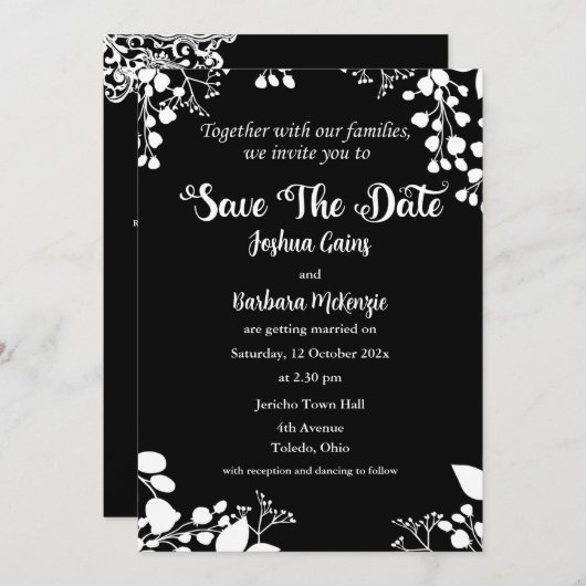 Wit op zwart Save The Date Invitation Kaart (Voorkant / Achterkant)