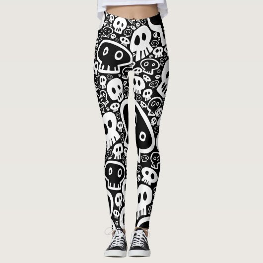 Wit-op-zwart schedelpatroon leggings (Voorkant)