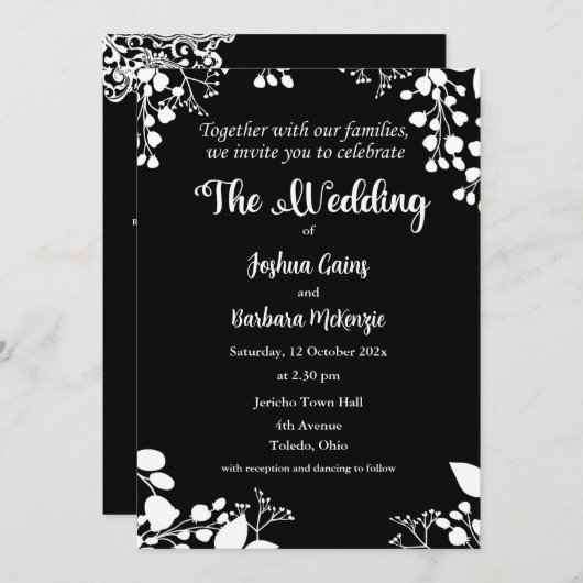 Wit op zwarte bruiloft uitnodiging (Voorkant / Achterkant)