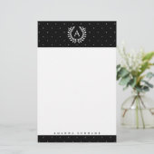 Wit Op Zwarte Lauwerier Monogram Stippenpatroon Briefpapier (Staand voorkant)