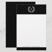 Wit Op Zwarte Lauwerier Monogram Stippenpatroon Briefpapier (Voorkant / Achterkant)
