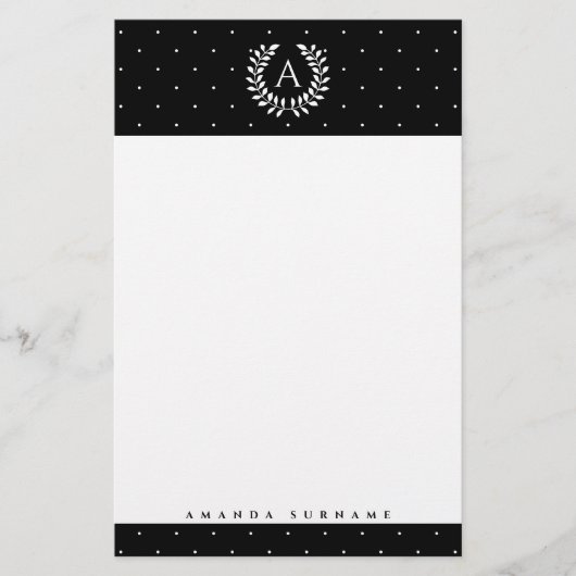 Wit Op Zwarte Lauwerier Monogram Stippenpatroon Briefpapier (Voorkant)