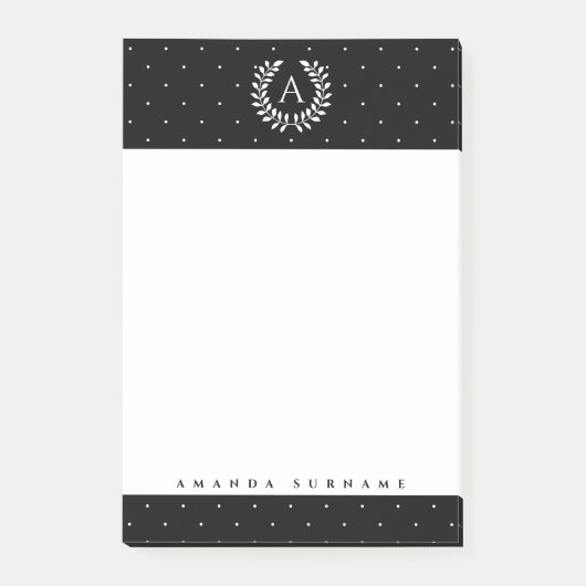 Wit Op Zwarte Lauwerkrans Monogram Kleine Stippen Post-it® Notes (Voorkant)