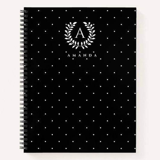 Wit Op Zwarte Lauwerkrans Monogram Stippenpatroon Notitieboek (Voorkant)