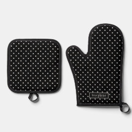 Wit Op Zwarte Stippenpatroon Met Aangepaste Naam Ovenwant & Pannenlap Set