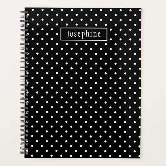 Wit Op Zwarte Stippenpatroon Met Aangepaste Naam Planner (Voorkant)